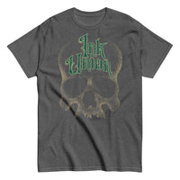 A dark grey t-shirt adorned with a gold dot work human skull  and the words Ink Union in fancy gold and green lettering across the forehead of the skull.