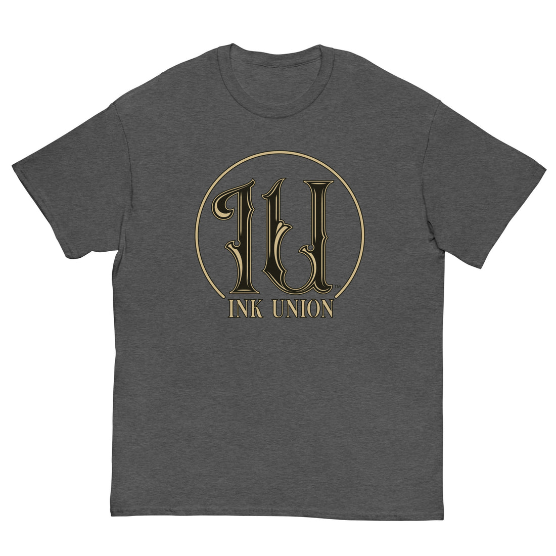 Ink Union Clothing Co. dark grey t-shirt featuring the Ink Union ring logo in black and gold.