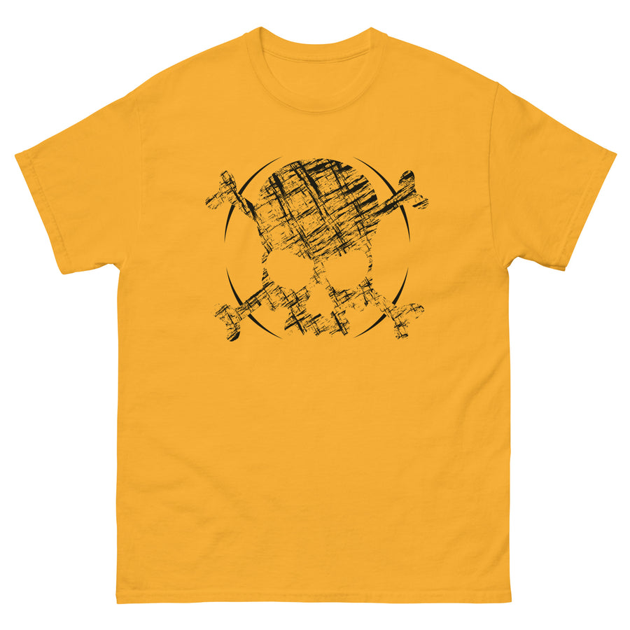 A yellow t-shirt adorned with a roughly cross-hatched skull and crossbones in black.  Solid black arcs give the image the impression of movement towards the end of the crossbones.