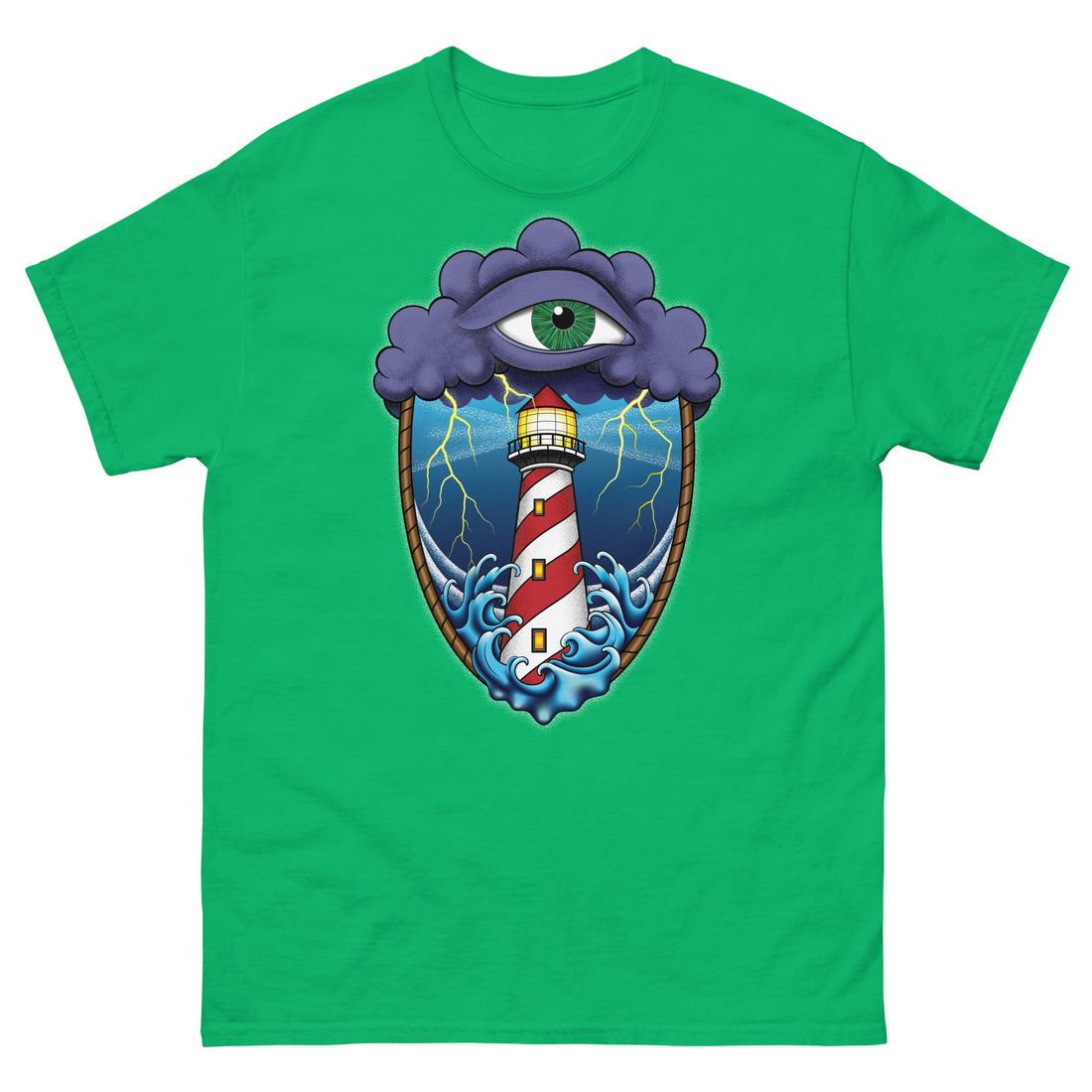 A bright green t-shirt with an old school eye of the storm tattoo design of large dark purple storm clouds at the top of the design with a green eye in the middle of the clouds.  Below the clouds is an oval shape with brown rope. Inside the rope are stormy seas and a lighthouse with lightning striking in the background.  At the bottom of the design, some of the waves are spilling out of the rope barrier. The sky and seas are hues of blue; the lighthouse is white and red striped like a barber pole.