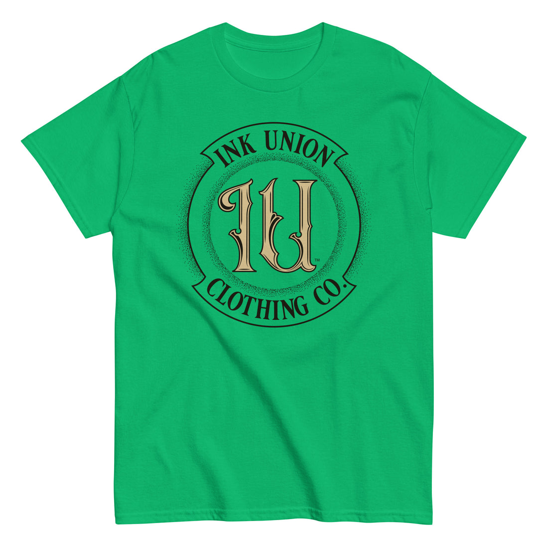 A bright green t-shirt with the Ink Union Clothing Co Badge logo in black and gold centered on the front of the shirt.