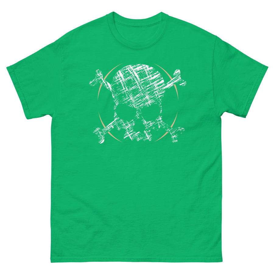 A green t-shirt adorned with a roughly cross-hatched skull and crossbones in white.  Solid gold arcs give the image the impression of movement towards the end of the crossbones.