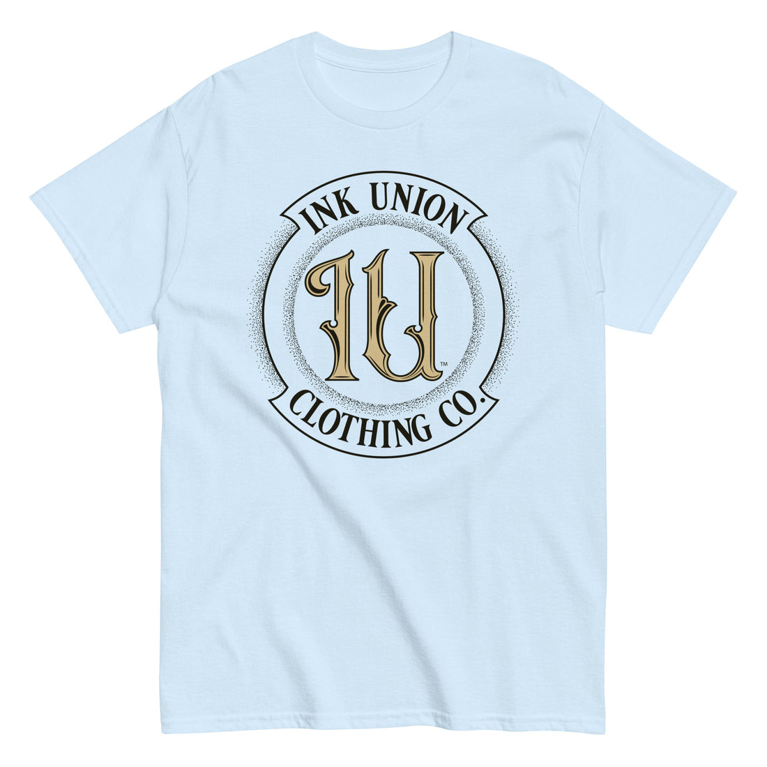 A light blue t-shirt with the Ink Union Clothing Co Badge logo in black and gold centered on the front of the shirt.