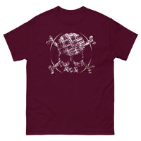 A maroon t-shirt adorned with a roughly cross-hatched skull and crossbones in white.  Solid gold arcs give the image the impression of movement towards the end of the crossbones.