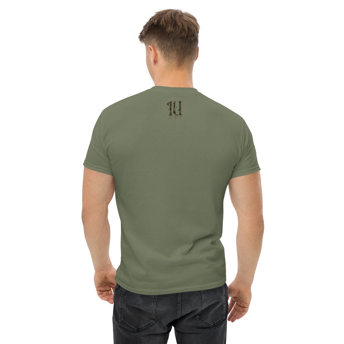 The back view is of an attractive man wearing a olive green t-shirt with a small gold and black Ink Union badge Logo centered just under the neckline.