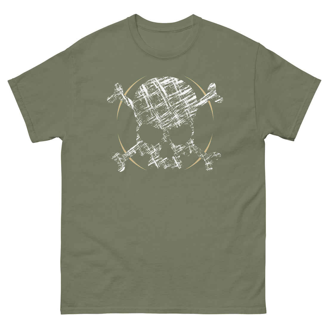A military green t-shirt adorned with a roughly cross-hatched skull and crossbones in white.  Solid gold arcs give the image the impression of movement towards the end of the crossbones.