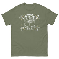 A military green t-shirt adorned with a roughly cross-hatched skull and crossbones in white.  Solid gold arcs give the image the impression of movement towards the end of the crossbones.