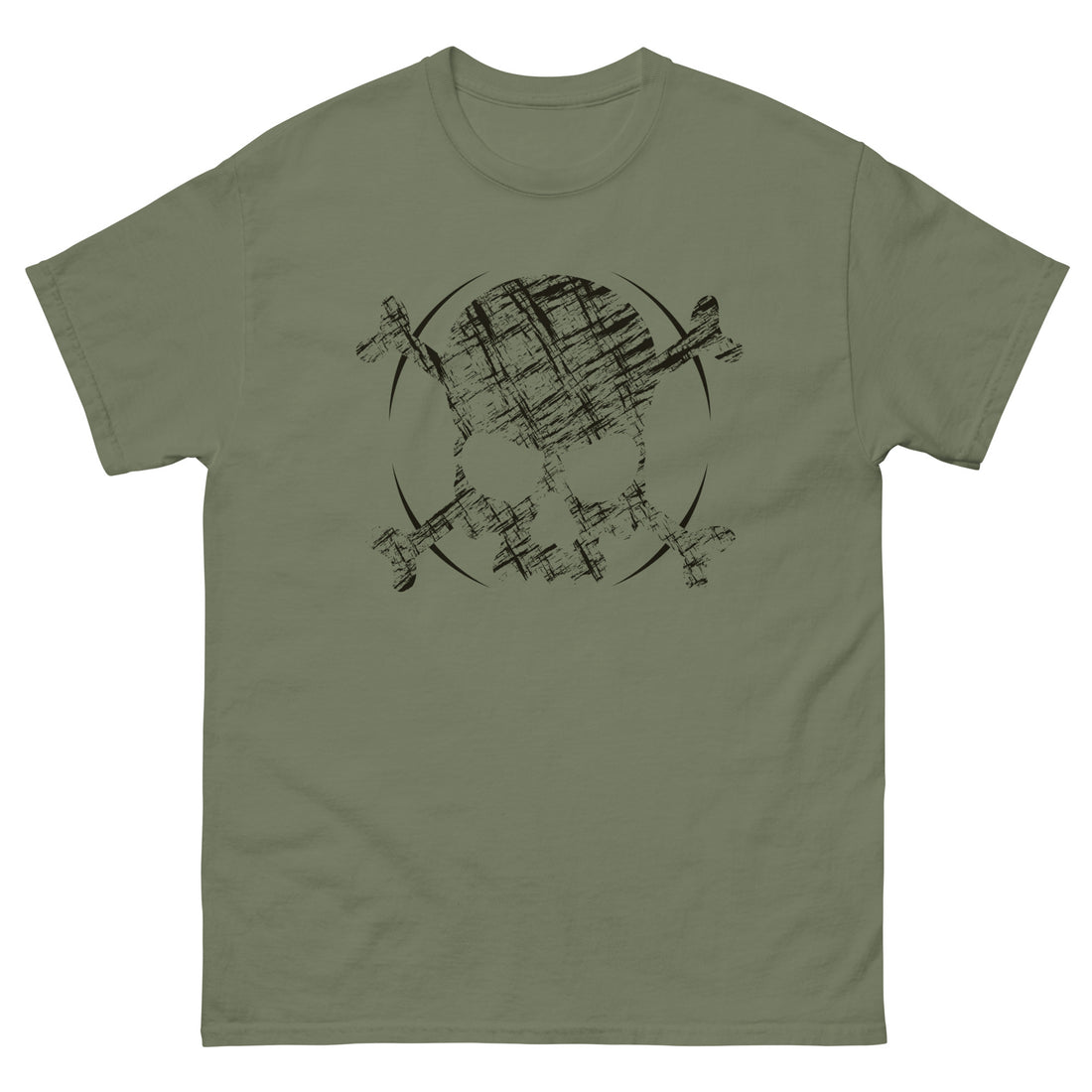 A military green t-shirt adorned with a roughly cross-hatched skull and crossbones in black.  Solid black arcs give the image the impression of movement towards the end of the crossbones.