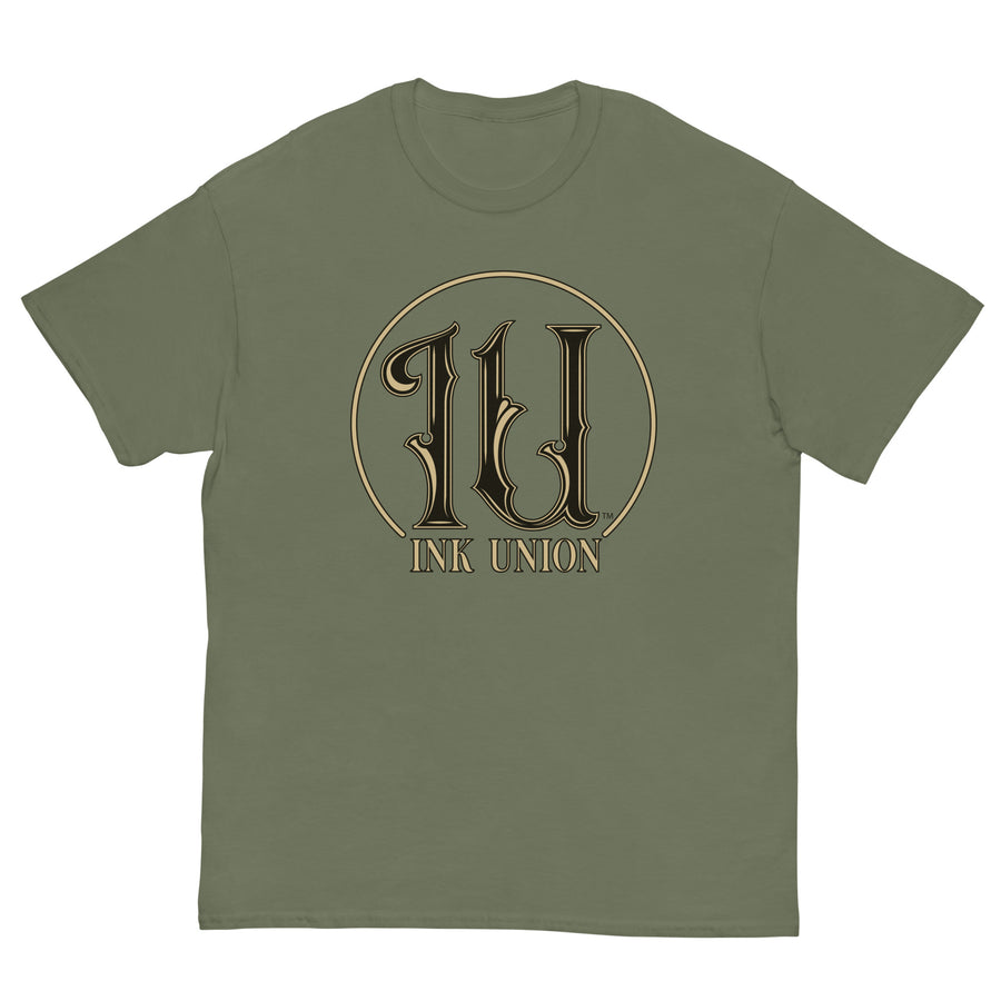 Ink Union Clothing Co. military green t-shirt featuring the Ink Union ring logo in black and gold.