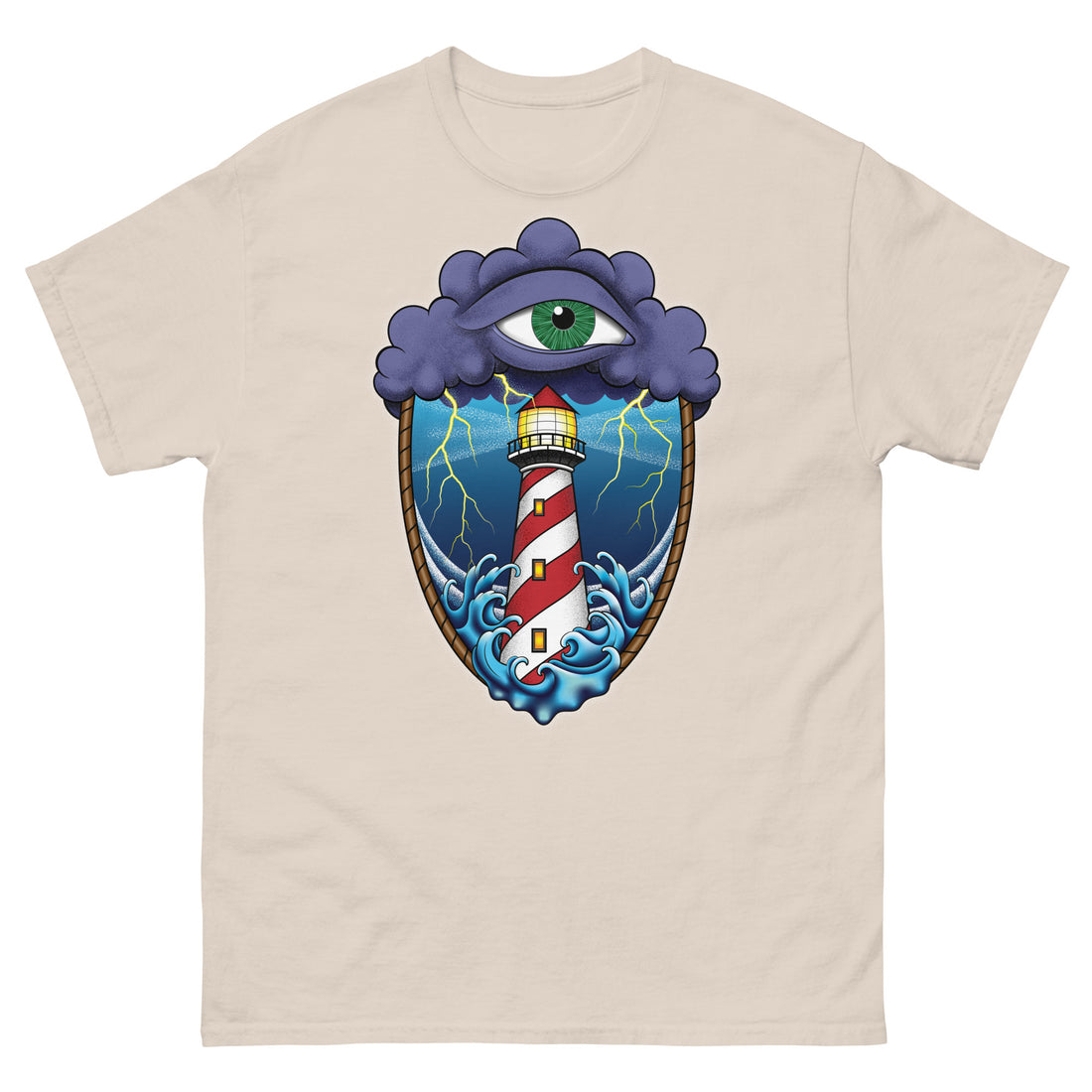A beige t-shirt with an old school eye of the storm tattoo design of large dark purple storm clouds at the top of the design with a green eye in the middle of the clouds.  Below the clouds is an oval shape with brown rope. Inside the rope are stormy seas and a lighthouse with lightning striking in the background.  At the bottom of the design, some of the waves are spilling out of the rope barrier. The sky and seas are hues of blue; the lighthouse is white and red striped like a barber pole.