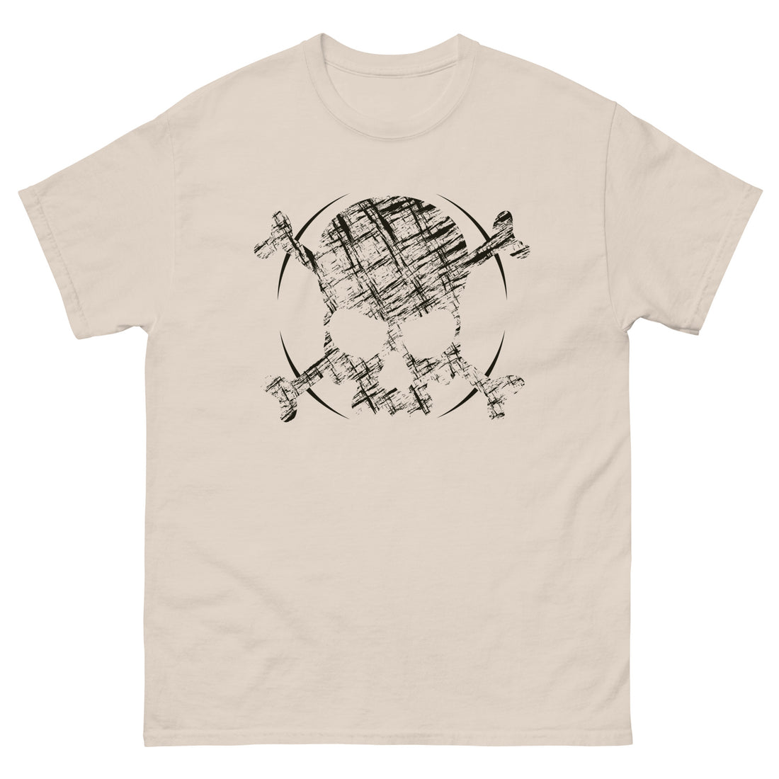 A beige t-shirt adorned with a roughly cross-hatched skull and crossbones in black.  Solid black arcs give the image the impression of movement towards the end of the crossbones.
