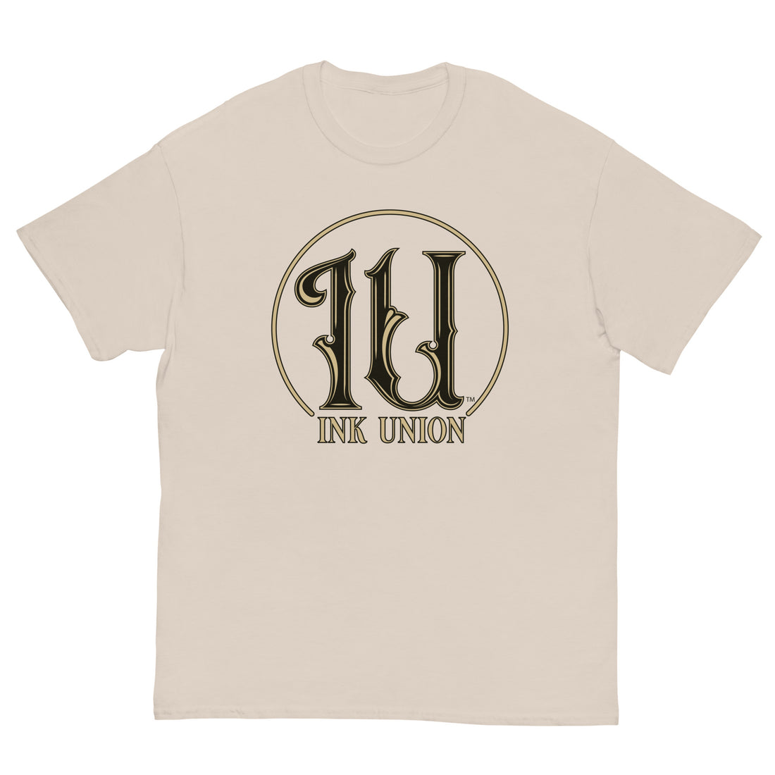 Ink Union Clothing Co. beige t-shirt featuring the Ink Union ring logo in black and gold.