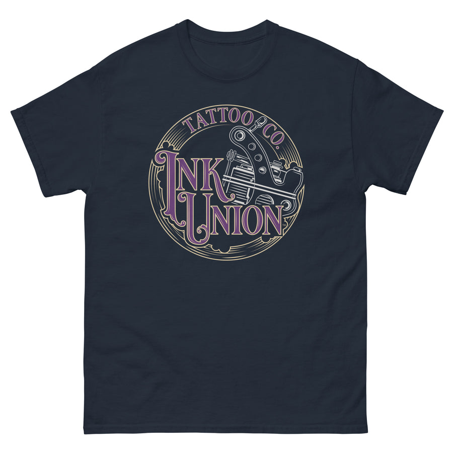 A navy-blue t-shirt adorned with the Ink Union Tattoo Co. purple and gold with a silver tattoo machine logo.