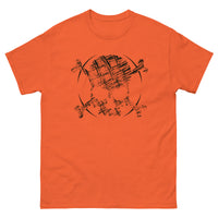 A orange t-shirt adorned with a roughly cross-hatched skull and crossbones in black.  Solid black arcs give the image the impression of movement towards the end of the crossbones.