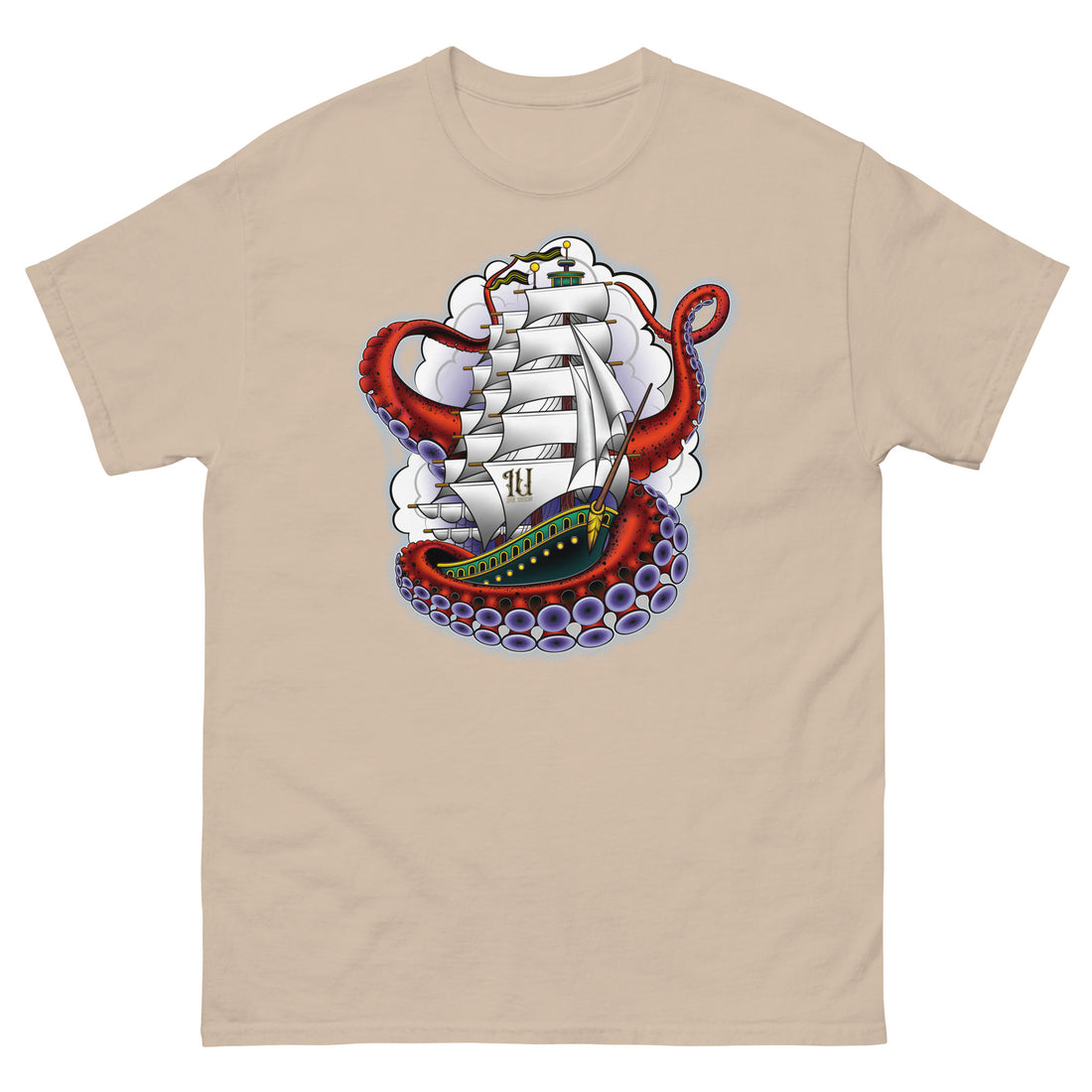 A light brown t-shirt with an old-school clipper ship tattoo design in green and brown with white sails surrounded by octopus tentacles in shades of red with purple tentacles. Behind the ship are purple-tinged clouds.