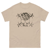 A sand t-shirt adorned with a roughly cross-hatched skull and crossbones in black.  Solid black arcs give the image the impression of movement towards the end of the crossbones.