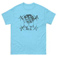 A sky blue t-shirt adorned with a roughly cross-hatched skull and crossbones in black.  Solid black arcs give the image the impression of movement towards the end of the crossbones.