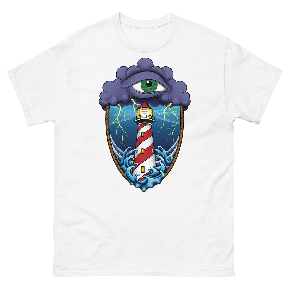 A white t-shirt with an old school eye of the storm tattoo design of large dark purple storm clouds at the top of the design with a green eye in the middle of the clouds.  Below the clouds is an oval shape with brown rope. Inside the rope are stormy seas and a lighthouse with lightning striking in the background.  At the bottom of the design, some of the waves are spilling out of the rope barrier. The sky and seas are hues of blue; the lighthouse is white and red striped like a barber pole.