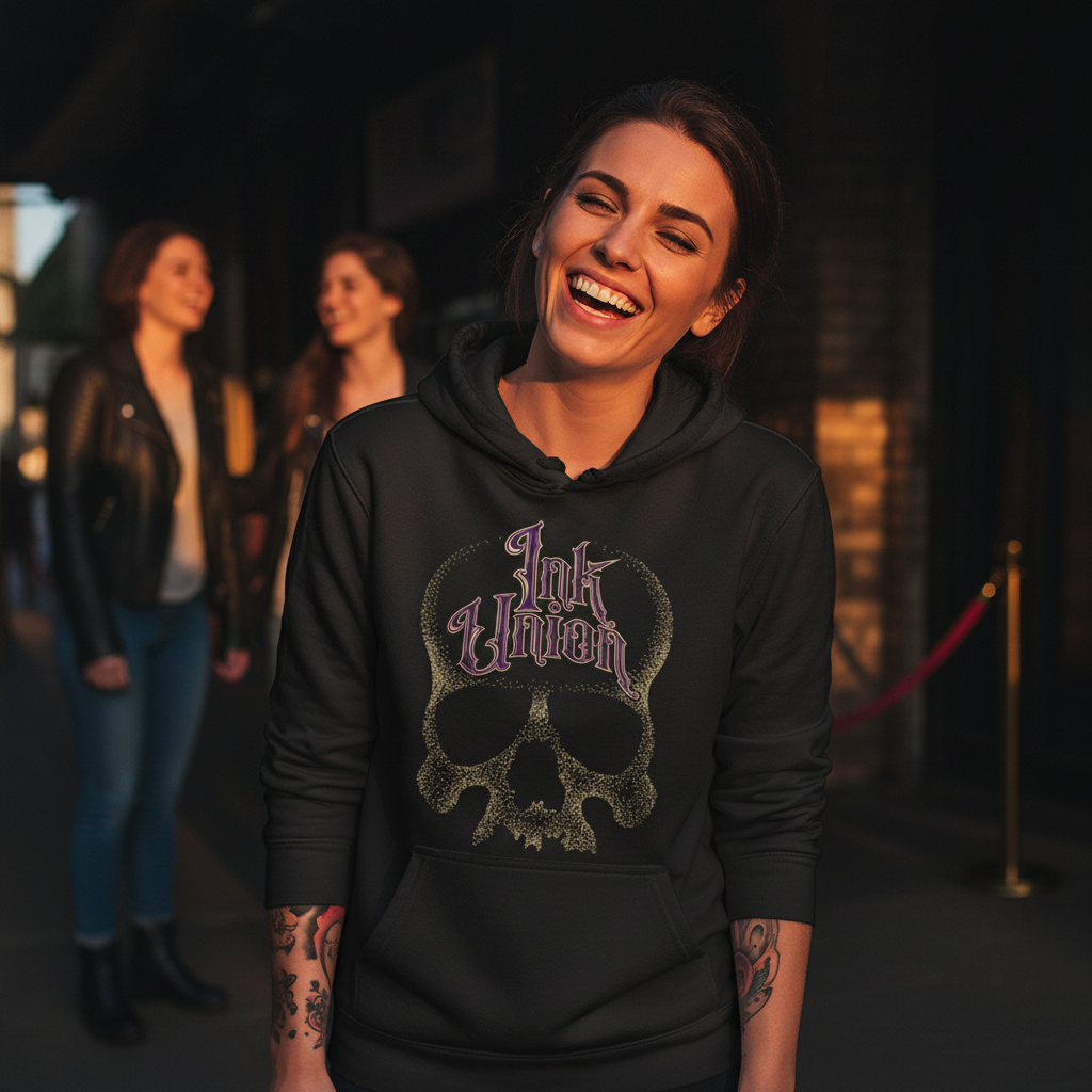 Purple & Gold Dot Work Skull Hoodie — Tattooed female model laughing with friends in line outside nightclub at golden hour wearing black Ink Union Tattoo Co. purple and gold dot work skull hoodie — alternative streetwear, tattoo artist sweatshirt, unisex heavy blend hoodie, edgy cool fashion

