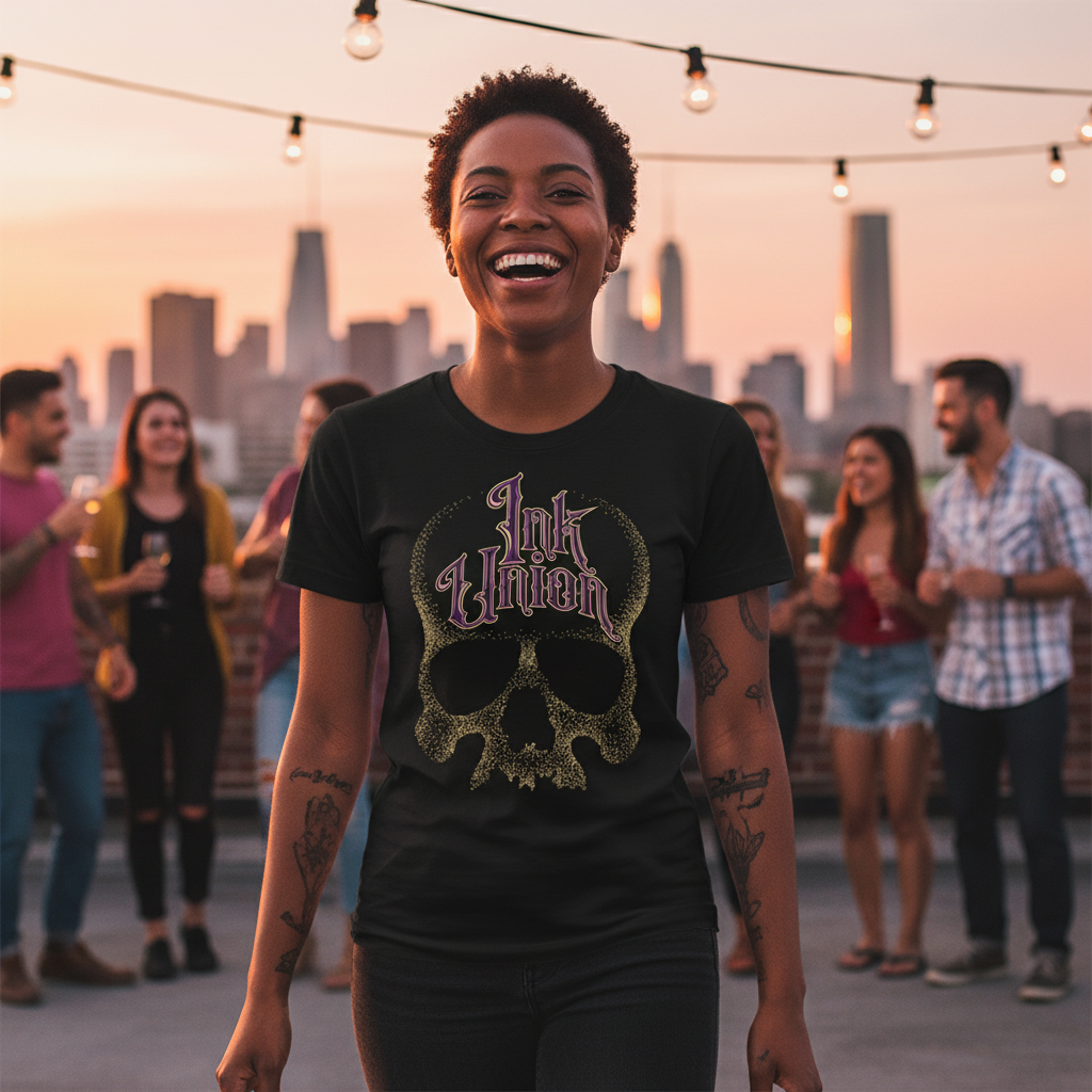 Purple & Gold Dot Work Skull Tee — Tattooed Native American male model wearing black Ink Union Tattoo Co. purple and gold dot work skull graphic tee at outdoor farmers market with colorful vendor tents and green trees in background — alternative streetwear, tattoo artist t-shirt, unisex graphic tee, edgy cool fashion