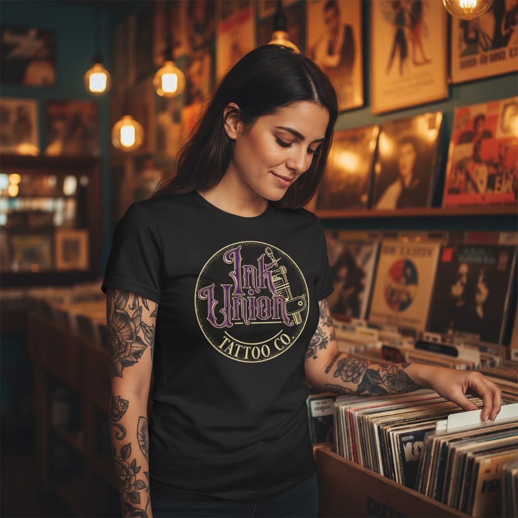 Purple & Gold Machine Tee — Tattooed Middle Eastern female model wearing black Ink Union Tattoo Co. purple and gold flash art tattoo machine graphic tee browsing records at vintage record shop with warm Edison bulb lighting — alternative streetwear, tattoo artist t-shirt, unisex graphic tee, edgy cool fashion
