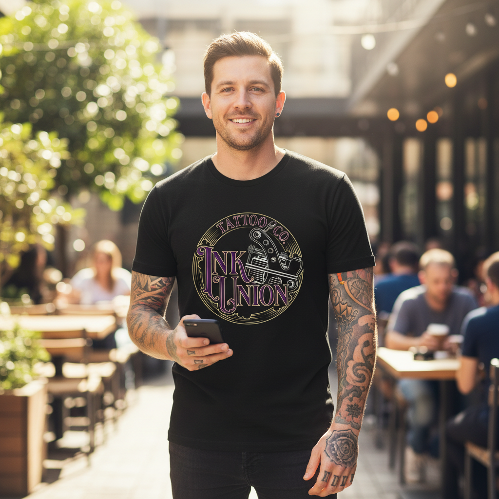 Purple Script Tee — Tattooed male model wearing black Ink Union Tattoo Co. purple script tattoo machine graphic t-shirt at sunny outdoor courtyard — alternative streetwear, tattoo artist tee, unisex graphic t-shirt, edgy cool fashion