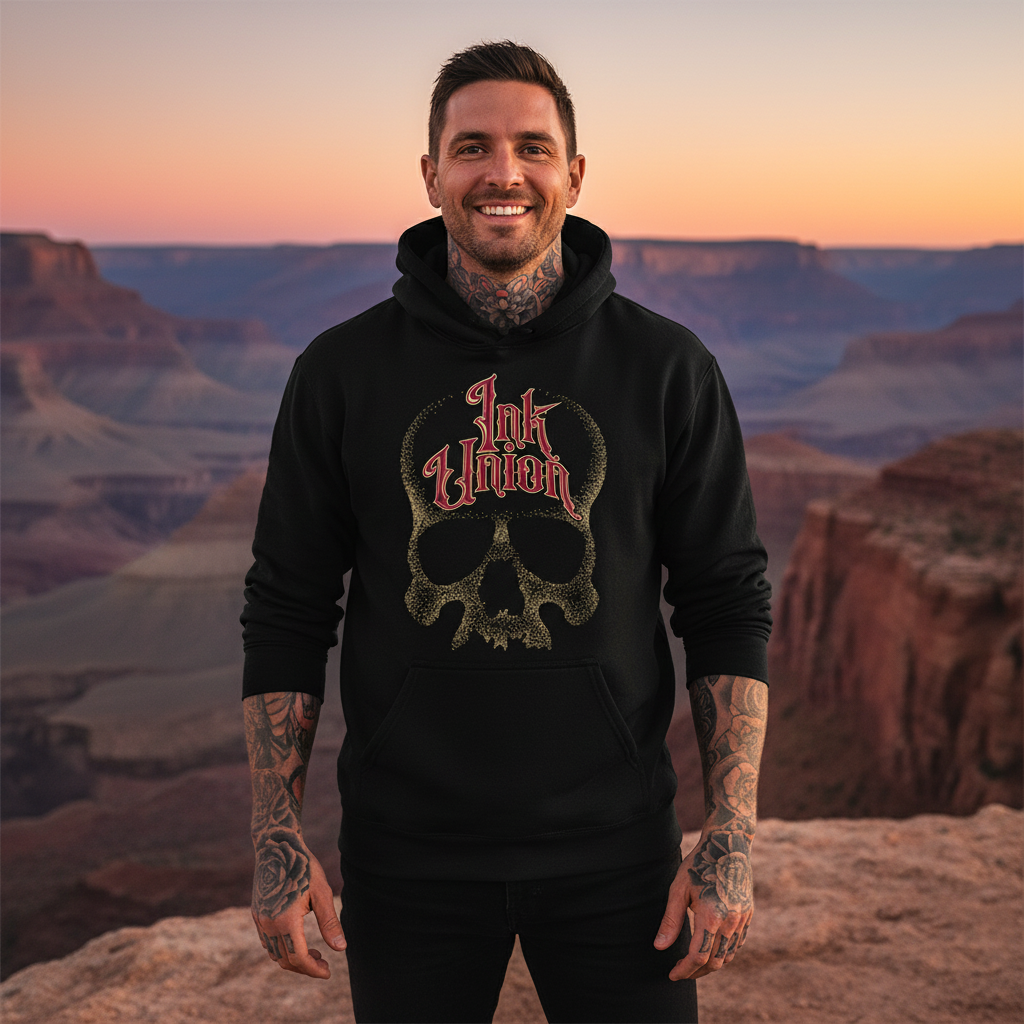 Red & Gold Dot Work Skull Hoodie — Tattooed male model wearing black Ink Union Tattoo Co. red and gold dot work skull hoodie at dramatic canyon overlook at golden hour — alternative streetwear, tattoo artist sweatshirt, unisex heavy blend hoodie, edgy cool fashion

