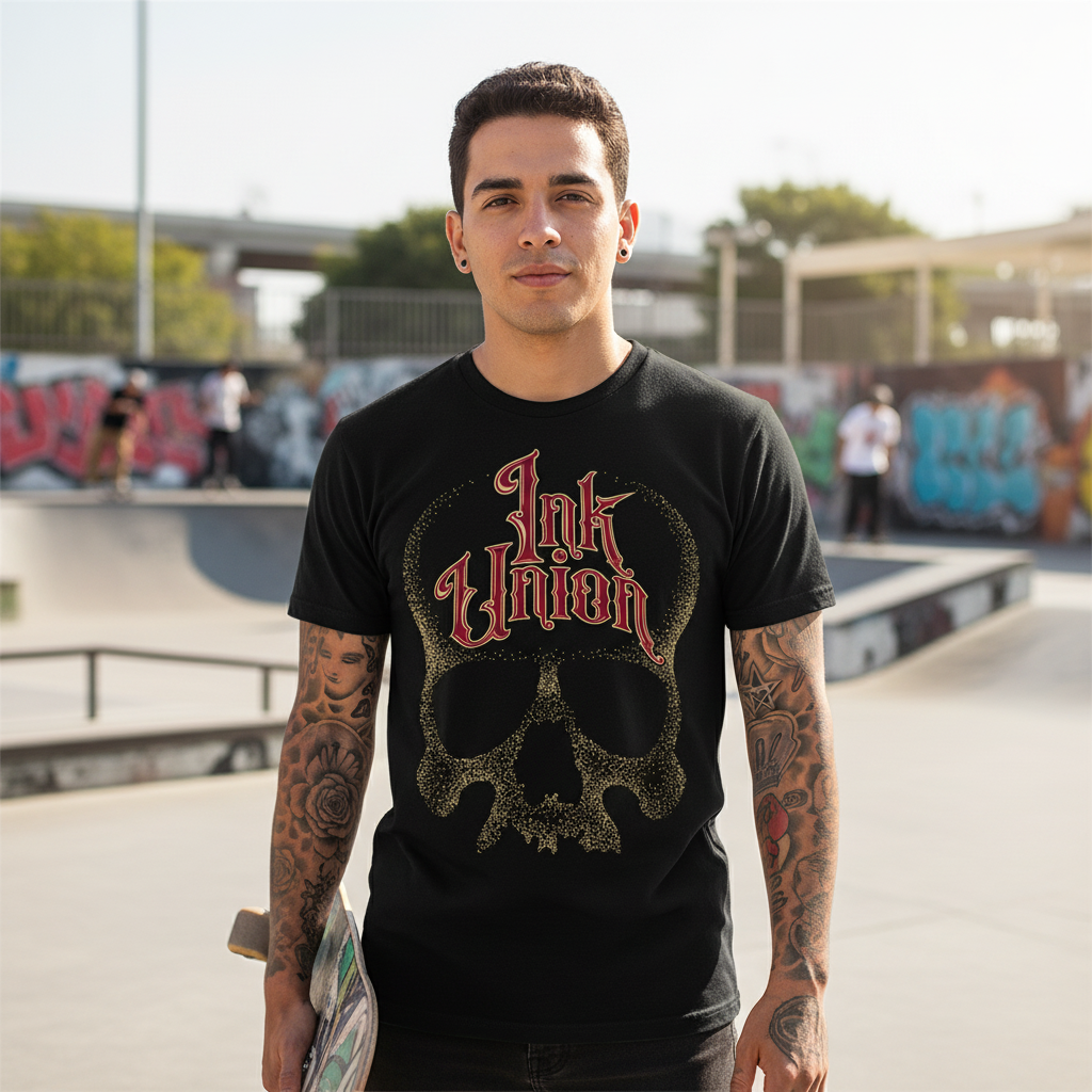 Red & Gold Dot Work Skull Tee — Tattooed Latino male model wearing black Ink Union Tattoo Co. red and gold dot work skull graphic tee at skate park holding skateboard with concrete ramps in background — alternative streetwear, tattoo artist t-shirt, unisex graphic tee, edgy cool fashion