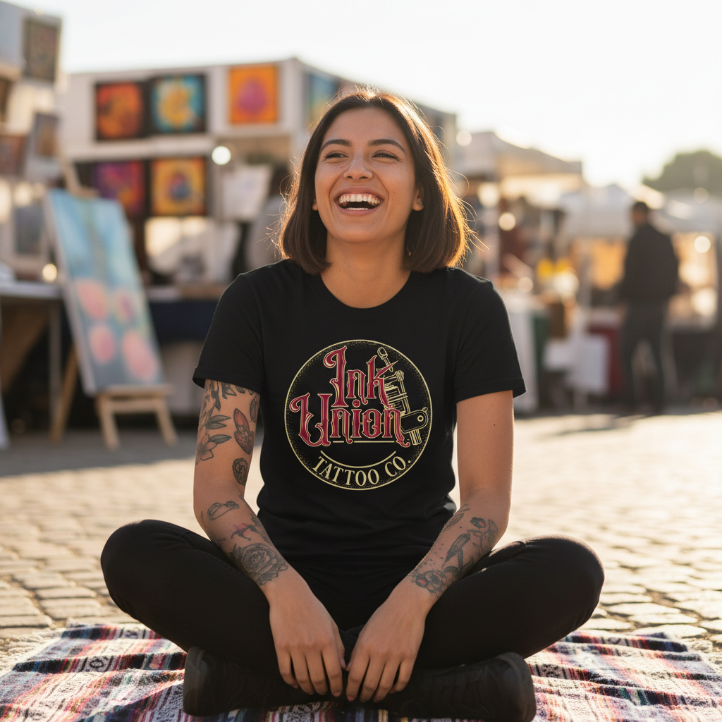 Red & Gold Machine Tee — Tattooed Hispanic female model wearing black Ink Union Tattoo Co. red and gold flash art tattoo machine graphic tee at outdoor art fair with colorful vendor stalls in background — alternative streetwear, tattoo artist t-shirt, unisex graphic tee, edgy cool fashion