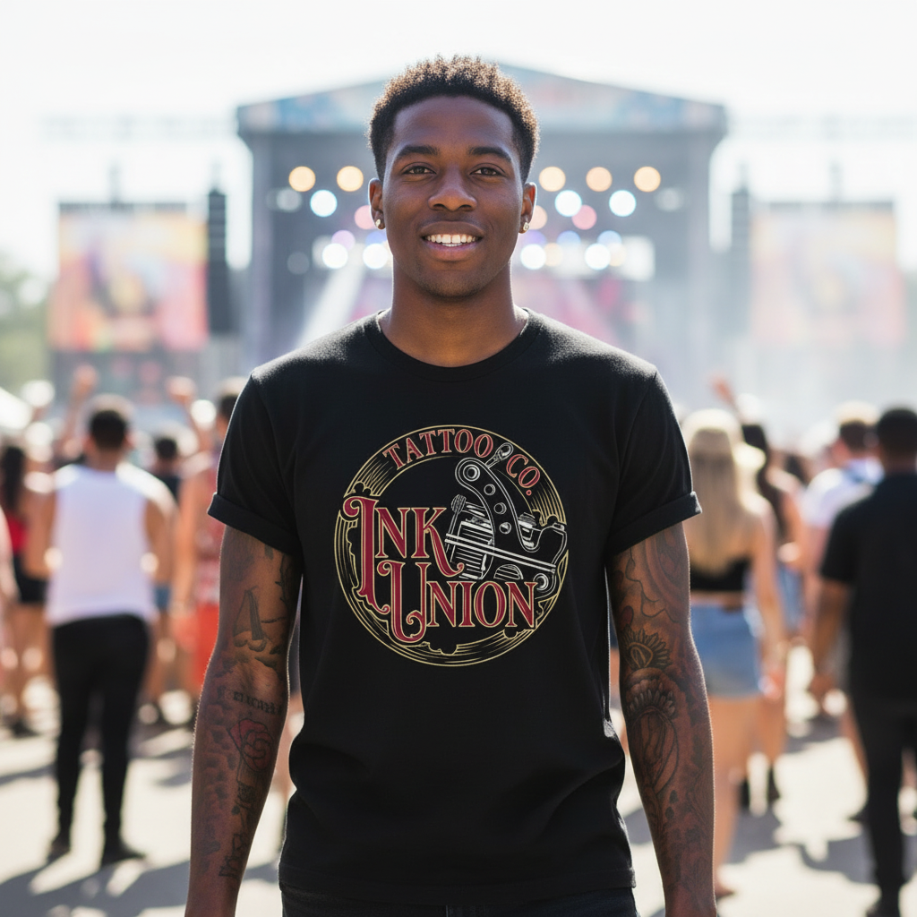 Red & Gold Script Tee — Tattooed Black male model wearing black Ink Union Tattoo Co. red and gold script tattoo machine graphic tee at outdoor music festival with crowd in background — alternative streetwear, tattoo artist t-shirt, unisex graphic tee, edgy cool fashion