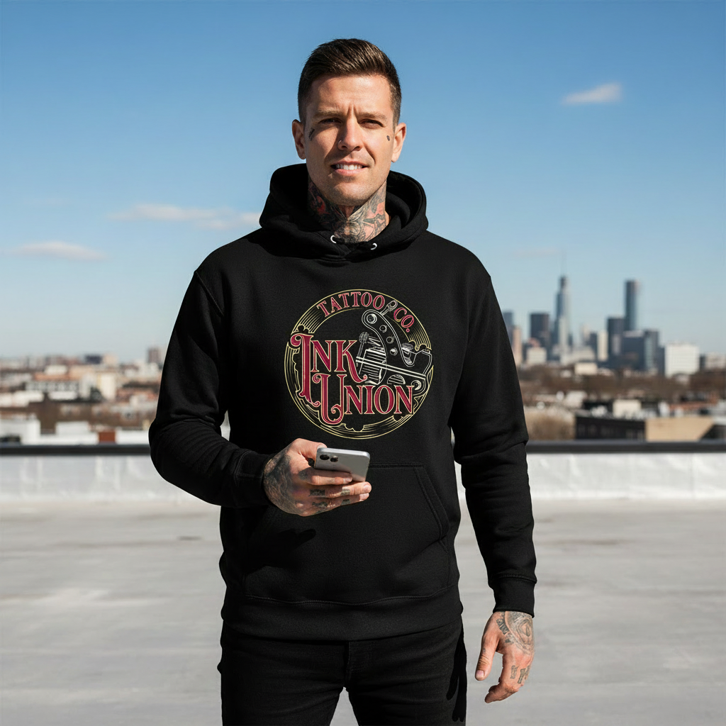 Smiling tattooed male model wearing black Ink Union Tattoo Co. red script tattoo machine graphic hoodie on sunny urban rooftop — alternative streetwear, tattoo artist sweatshirt, unisex heavy blend hoodie, edgy cool fashion