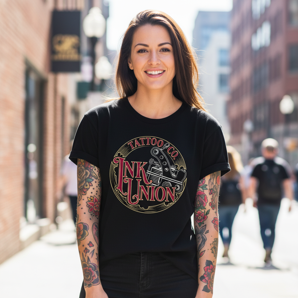 Red Script Tee — Tattooed female model wearing black Ink Union Tattoo Co. red script tattoo machine graphic t-shirt in sunny urban setting — alternative streetwear, tattoo artist tee, unisex graphic t-shirt, edgy cool fashion