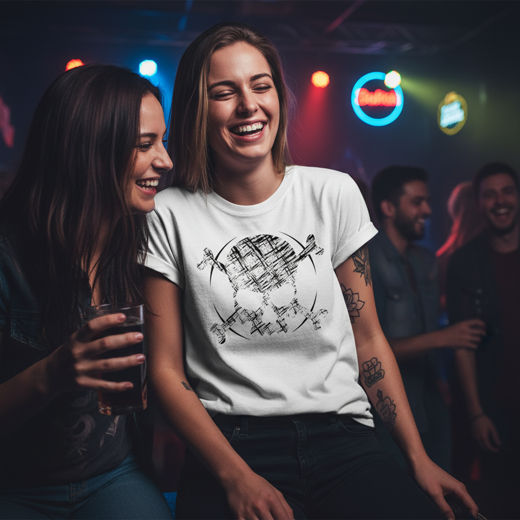 Sketch Skull Tee — Tattooed white female model wearing white Ink Union sketch skull and crossbones tattoo flash art unisex graphic tee laughing with friends at moody dive bar with neon signs in background — alternative streetwear, tattoo artist t-shirt, unisex graphic tee, edgy cool fashion