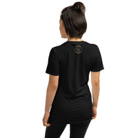 The back view is of an attractive woman wearing a black t-shirt with a small gold and black Ink Union badge Logo centered just under the neckline.