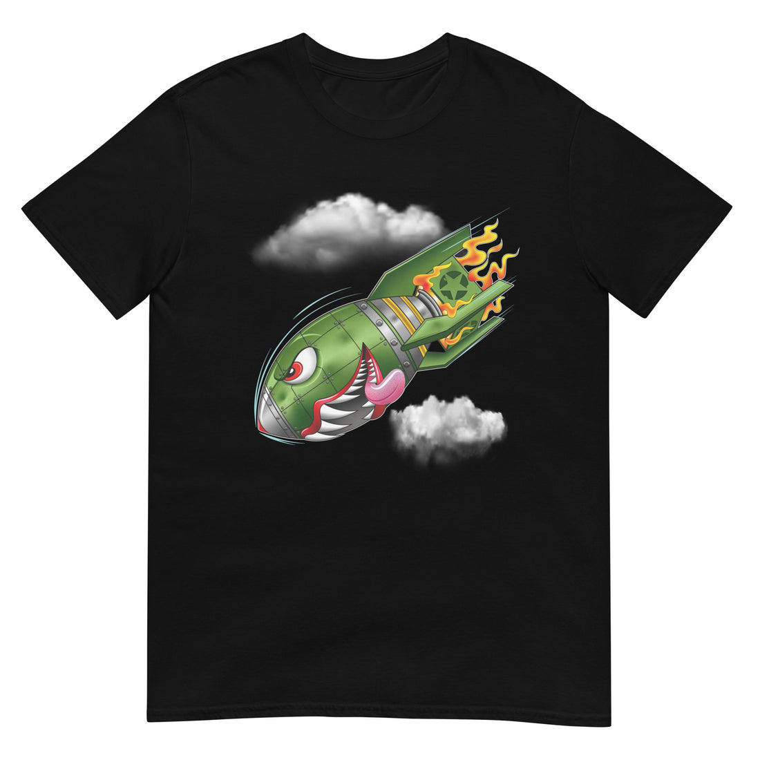 A black t-shirt with a military green neo-traditional bomb tattoo design. The bomb is falling with a look of determination in its eyes, an evil toothy grin, and its tongue hanging out of its mouth. Flames are coming from the back of the bomb, and some clouds are in the background.