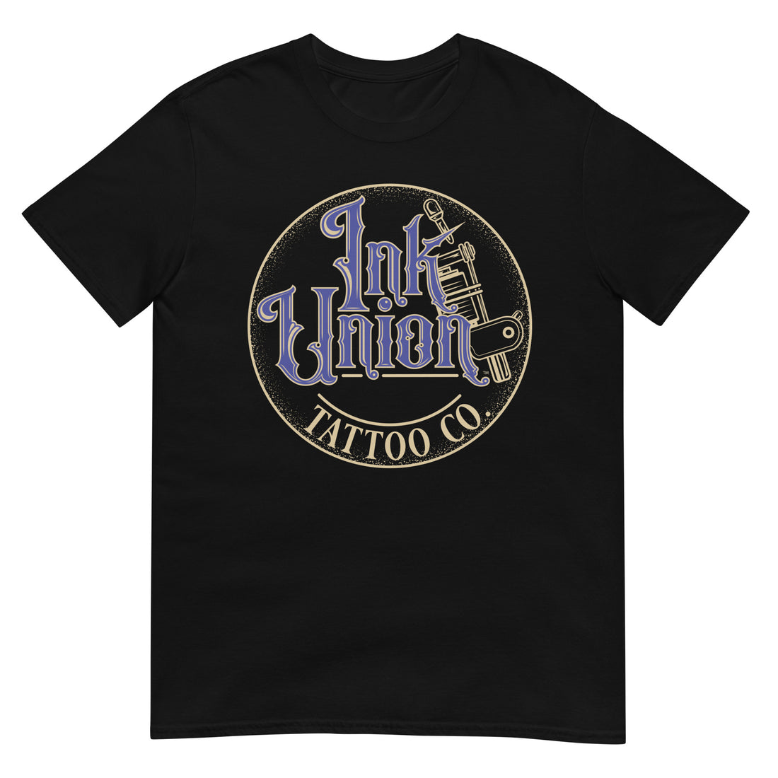 A black t-shirt with a gold circle containing fancy lettering in blue and gold that says Ink Union and a gold tattoo machine peeking out from behind on the right side.  There is a dot work gradient inside the circle, and the words Tattoo Co. in gold are at the bottom of the design.