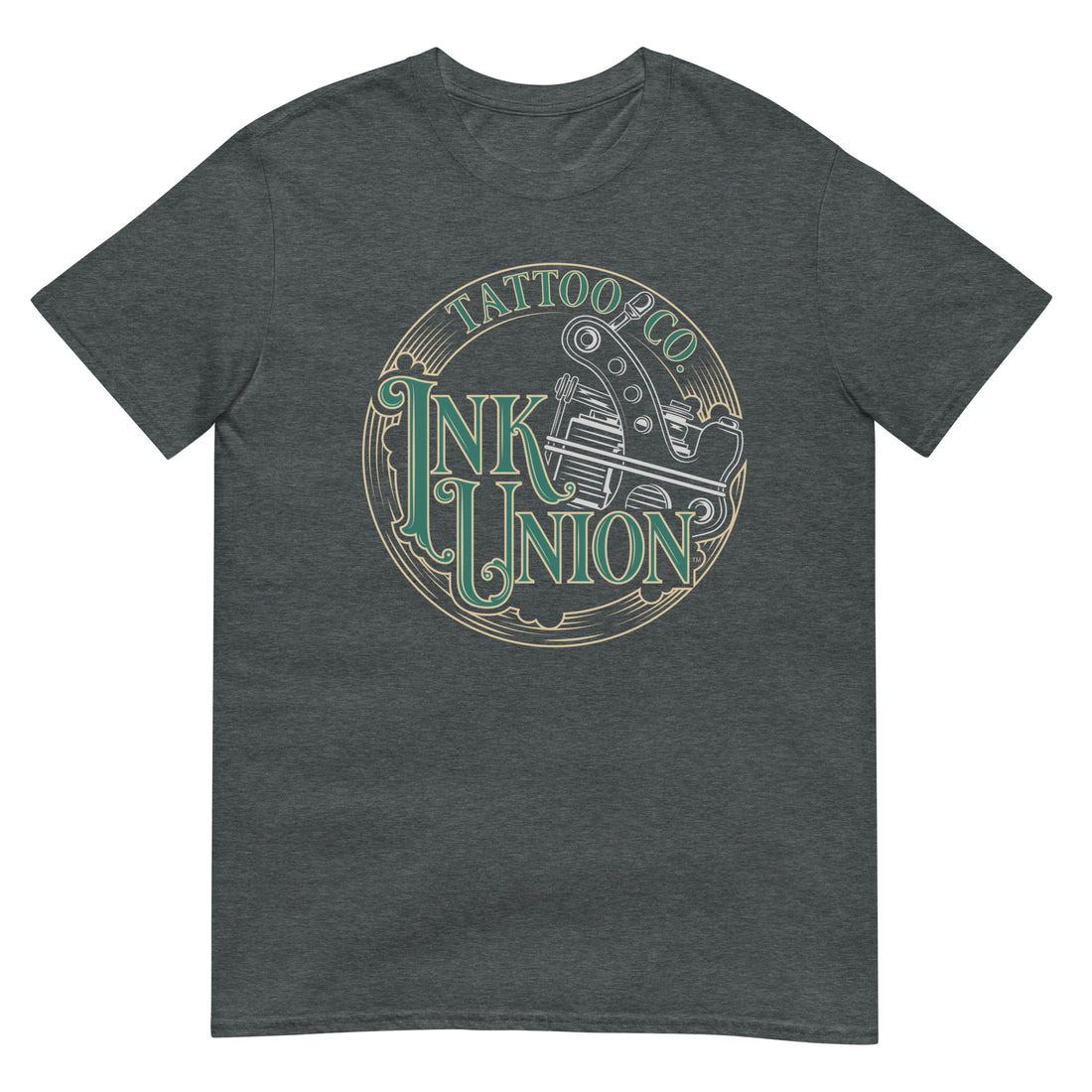 A dark grey t-shirt adorned with the Ink Union Tattoo Co. green and gold with a Silver tattoo machine logo.