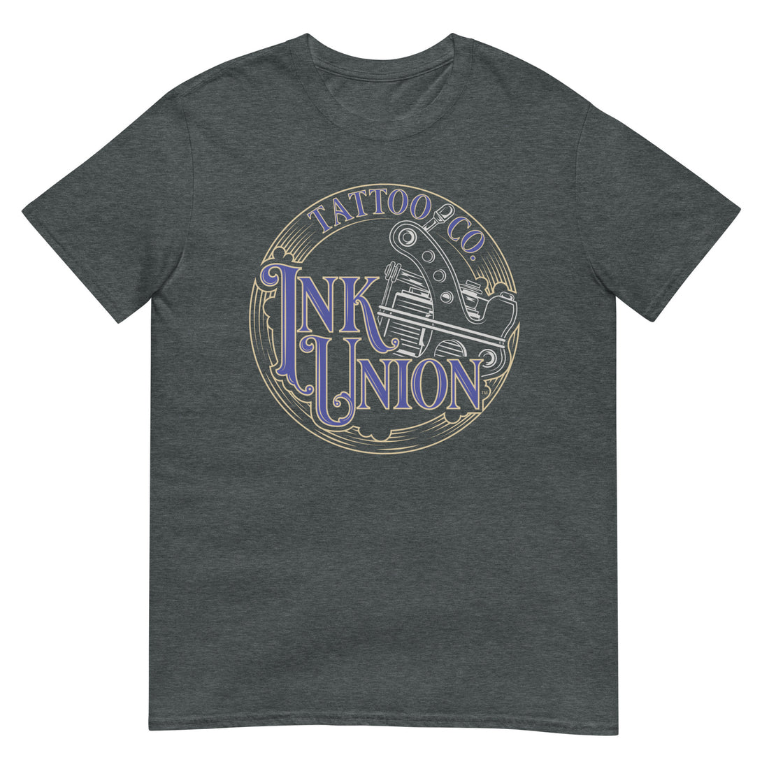 A dark grey t-shirt adorned with the Ink Union Tattoo Co. blue and gold with a silver tattoo machine logo.