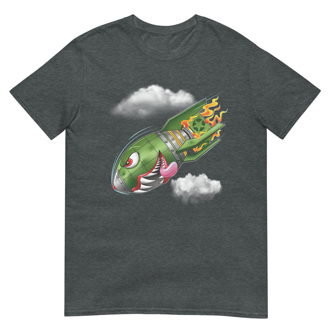 A dark grey t-shirt with a military green neo-traditional bomb tattoo design. The bomb is falling with a look of determination in its eyes, an evil toothy grin, and its tongue hanging out of its mouth. Flames are coming from the back of the bomb, and some clouds are in the background.