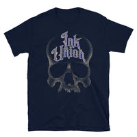 Ink Union Clothing Co. unisex navy blue t-shirt  featuring a large dot work gold skull centered on the shirt and Ink Union in large fancy gold and blue script across the forehead of the skull