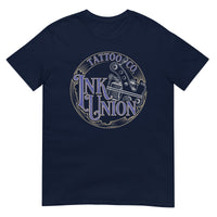 A navy-blue t-shirt adorned with the Ink Union Tattoo Co. blue and gold with a silver tattoo machine logo.