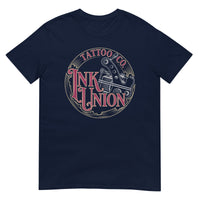 A navy-blue t-shirt adorned with the Ink Union Tattoo Co. red and gold with a silver tattoo machine logo.