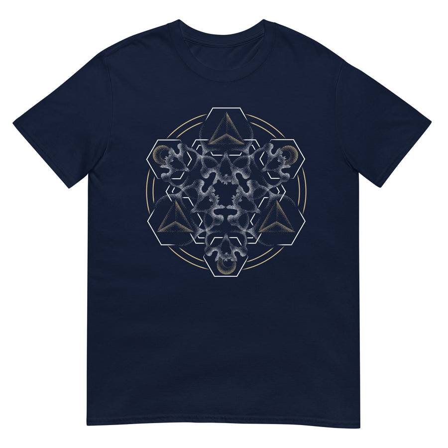 A navy t-shirt with a mandala built from white dot work skulls and gold and white geometric shapes.