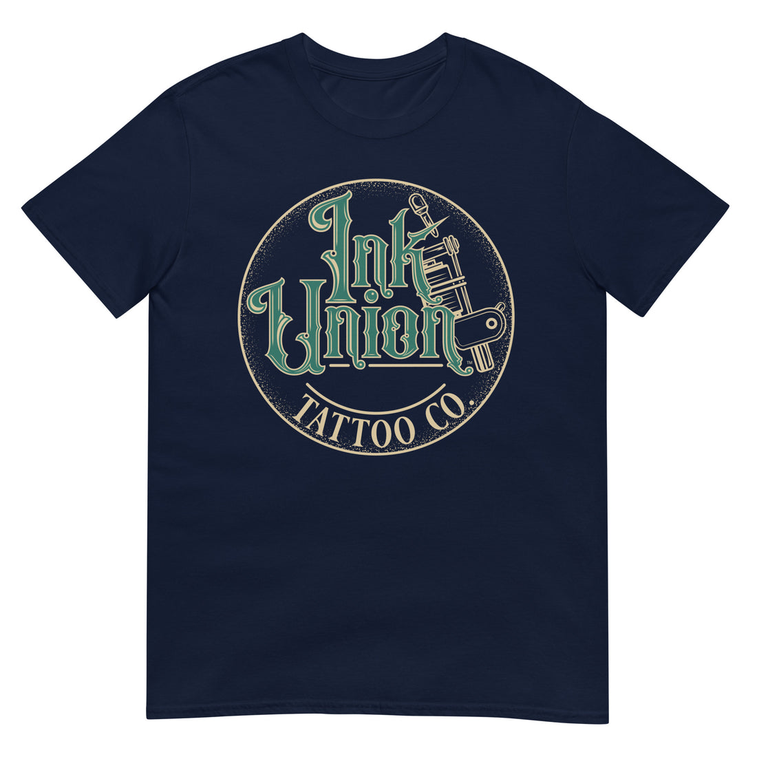A navy blue t-shirt with a gold circle containing fancy lettering in green and gold that says Ink Union and a gold tattoo machine peeking out from behind on the right side.  There is a dot work gradient inside the circle, and the words Tattoo Co. in gold are at the bottom of the design.