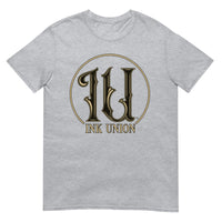 Ink Union Clothing Co. light grey t-shirt featuring the Ink Union ring logo in black and gold.