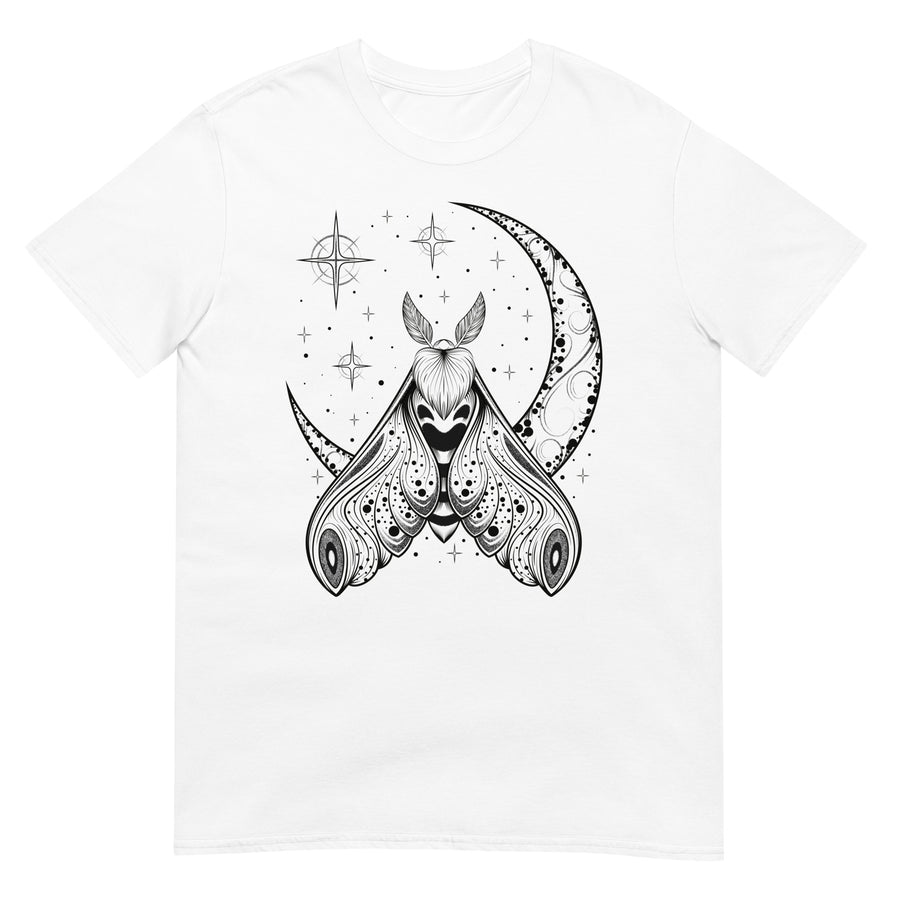 A white t-shirt with a black crescent moon and stars with an ornate moth in front of the bottom of the moon facing upward.