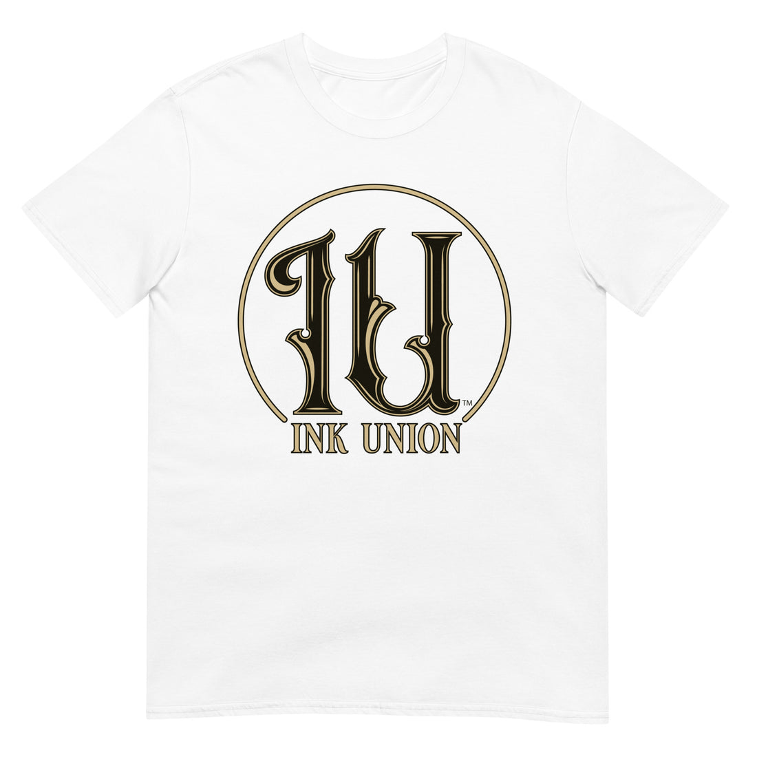 Ink Union Clothing Co. white t-shirt featuring the Ink Union ring logo in black and gold.
