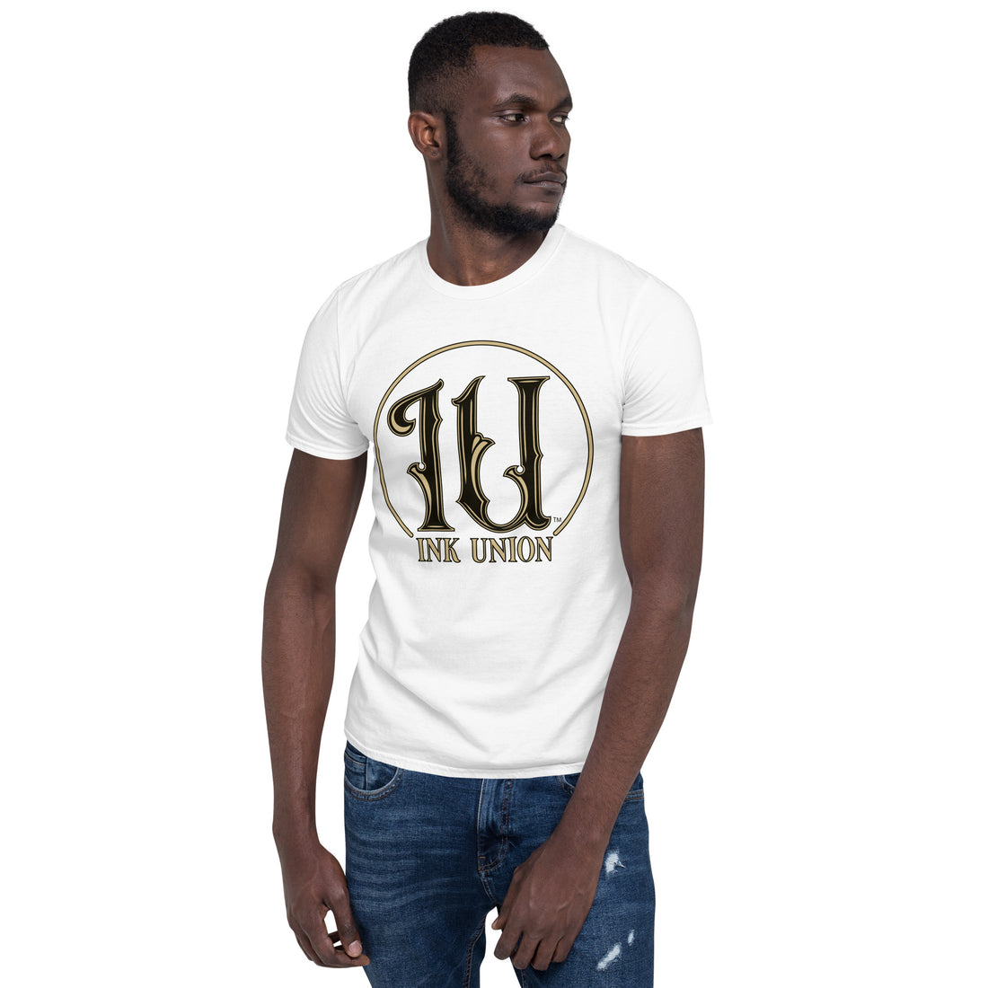 An attractive man wearing an Ink Union Clothing Co. white t-shirt featuring the Ink Union ring logo in black and gold.
