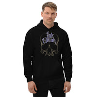 An attractive man wearing a black hoodie adorned with a gold dot work human skull and the words Ink Union in fancy gold and blue lettering across the forehead of the skull.