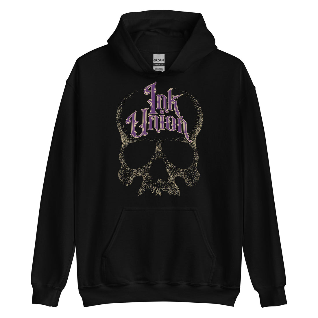 A black hoodie adorned with a gold dot work human skull and the words Ink Union in fancy gold and purple lettering across the forehead of the skull.